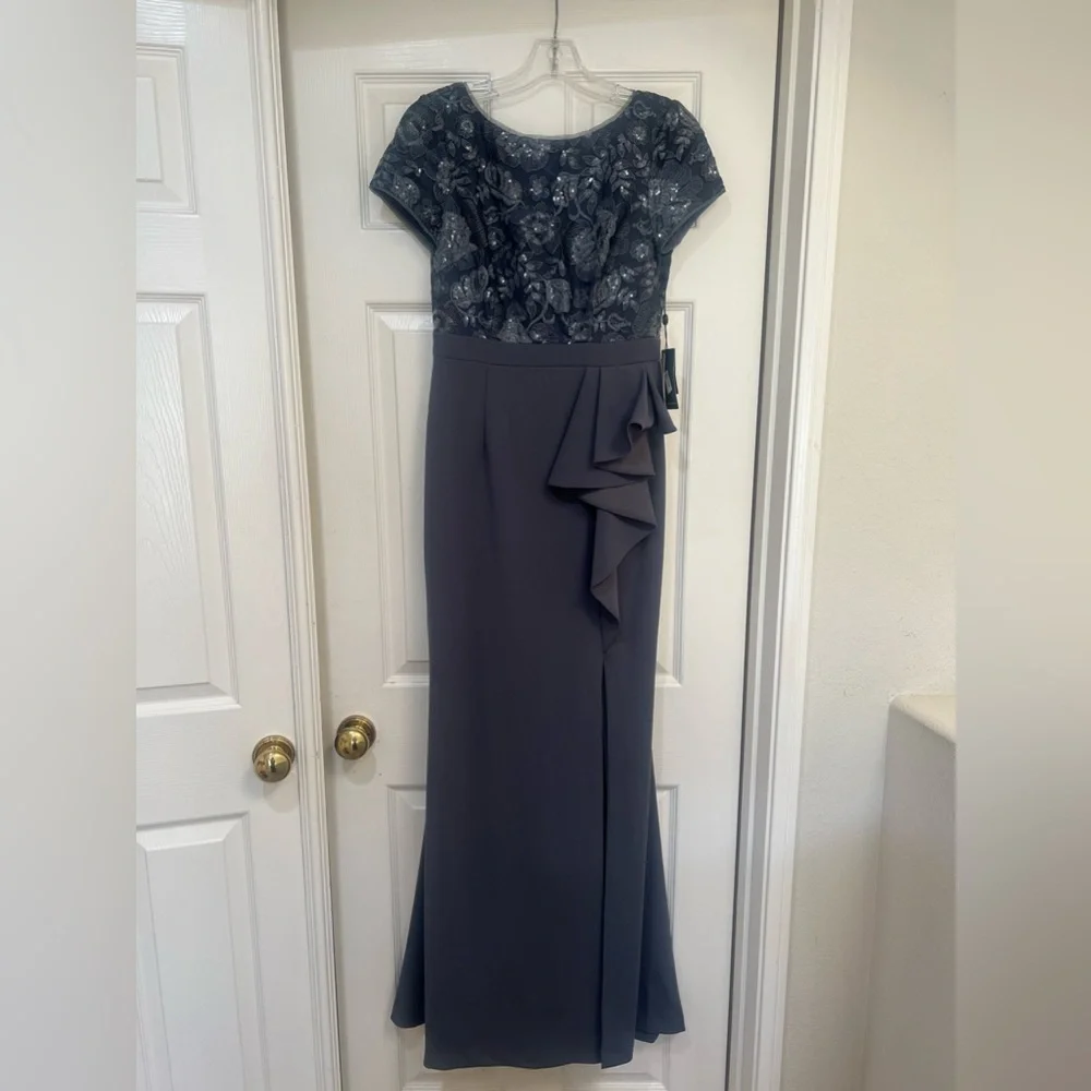 Adrianna Papell‎ Formal Dress Gown Gray Floral Embroidery  Ruffle Side Slit 2 - Picture 4 of 15